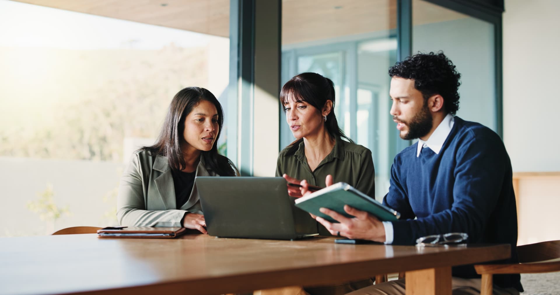 Professionals reviewing a process together on a laptop